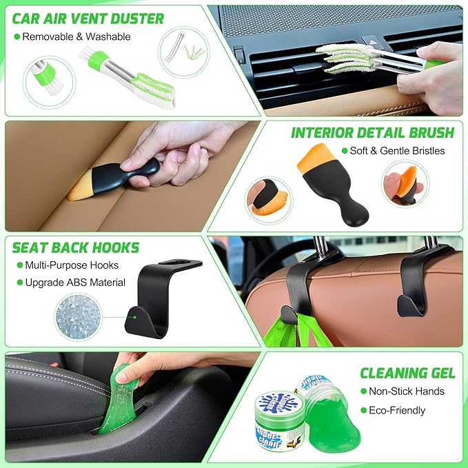 Nilight 52PCS Car Detailing Kit Auto Cleaning Tools Wash Set with Storage Carry Bag Home Use for Interior Exterior Deep Clean Polish Car Care Windshield Dashboard Seat Air Vents Wheels Tires, Green