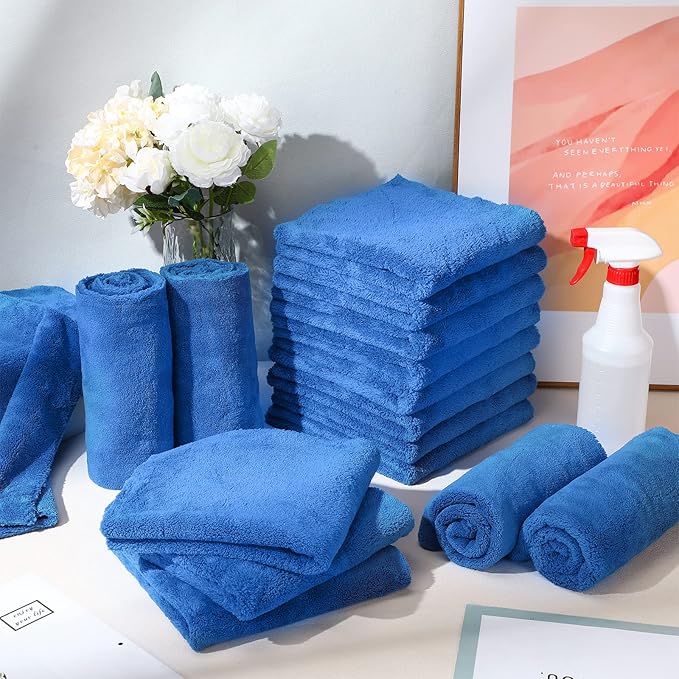 Shimeyao 30 Pcs Edgeless Microfiber Plush Towels for Cars Detailing Drying Wash Polishing Absorbent Cleaning Cloths, 500 GSM (16 x 16 Inch,Dark Blue)