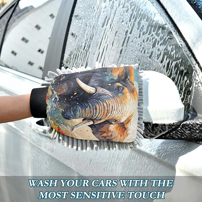 ALAZA Elephant in Forest Car Wash Mitt Scratch Free, 2 Pack Absorbent Microfiber/Chenille Washing & Drying Mitts, M