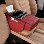 Zpana Car Center Console Armrest Pillow, Memory Foam Leather 4 in 1 Vehicle Arm Rest Cover with Tissue Box 2 Side Storage Bag Cup & Phone Holder, Auto Armrest Cushion, Universal Fit (Wine Red)