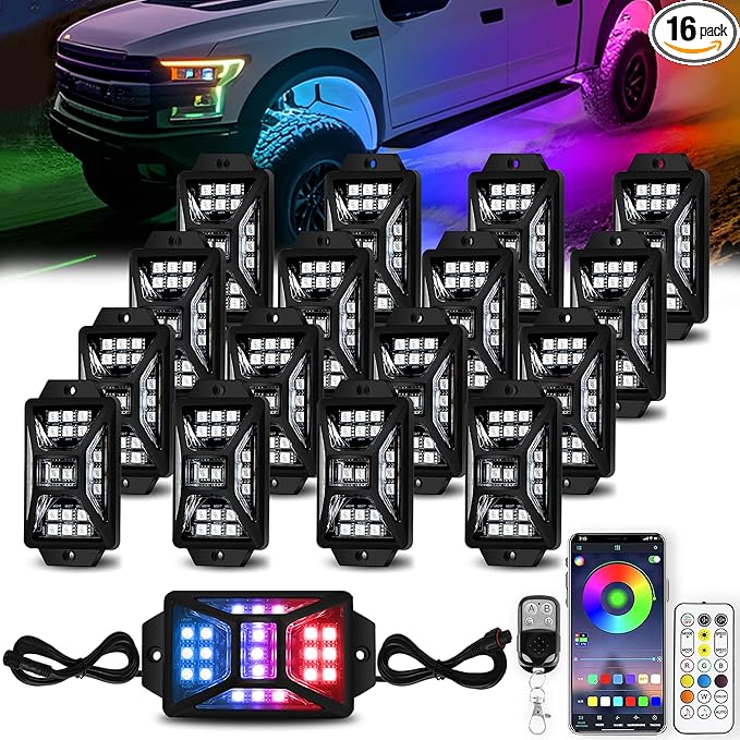16 Pods 336 LEDs 5 Sides RGB Rock Lights, App/Remote Control Rock Lights for Trucks, Waterproof Multi-Color Bright Underglow Kits, Music Mode,Compatible with 12V Jeep UTV SUV ATV Golf RZR(Patented)