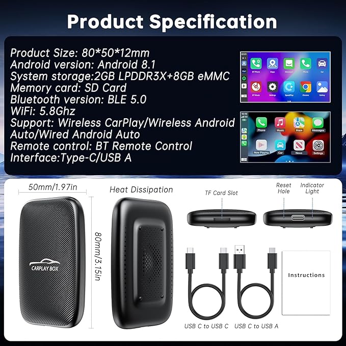 5-in-1 Android Auto Wireless Adapter and Apple CarPlay Adapter, Wireless Carplay Adapter with Netflix YouTube TF Card, Plug & Play, Easy Setup, Magic Video Ai Box for OEM Wired Apple Car Play Cars