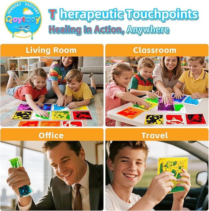 Squishy Liquid Sensory Gel Tiles 12 Packs - Square Sensory Fidget Toys for Stress Relief, Sensory Play & Portable Fun, Washable Sensory Floor Tiles for Kids in Home, Classroom, Travel