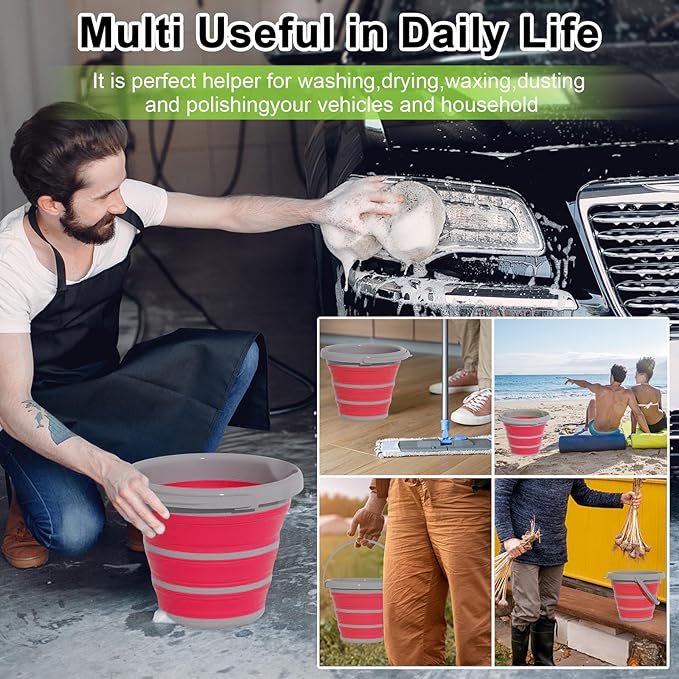 Collapsible Wash Bucket with Microfiber Mitt, 10L (2.6 Gallon) Portable Collapsiblle Bucket with Handle for Car Wash Household Cleaning, Multiuse Collapsibles Water Bucket and Car wash mitt - Pink