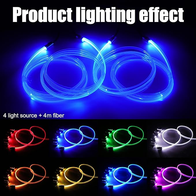 Car Interior Strip Lights, 4 in 1 Multicolor RGB Car Ambient Lighting Kit, 4m Fiber Optic EL Neon Tube Light, DIY Mode Music Sync APP Control DC 12V