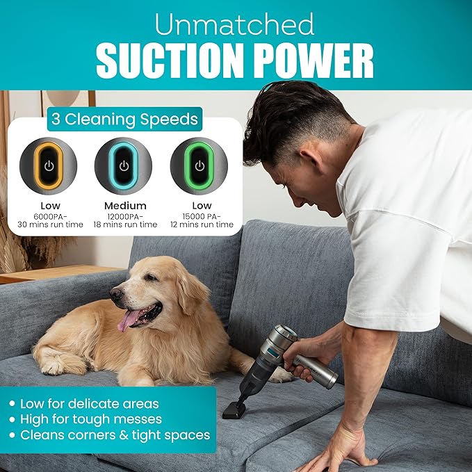 Cordless Car Vacuum Cleaner – 15000PA High Power Portable Vacuum for Car with Vacuum, Blower, Inflation & Deflation Modes, Flexible Hose for Hard-to-Reach Areas, HEPA Filters & Hard-Shell Carry Case