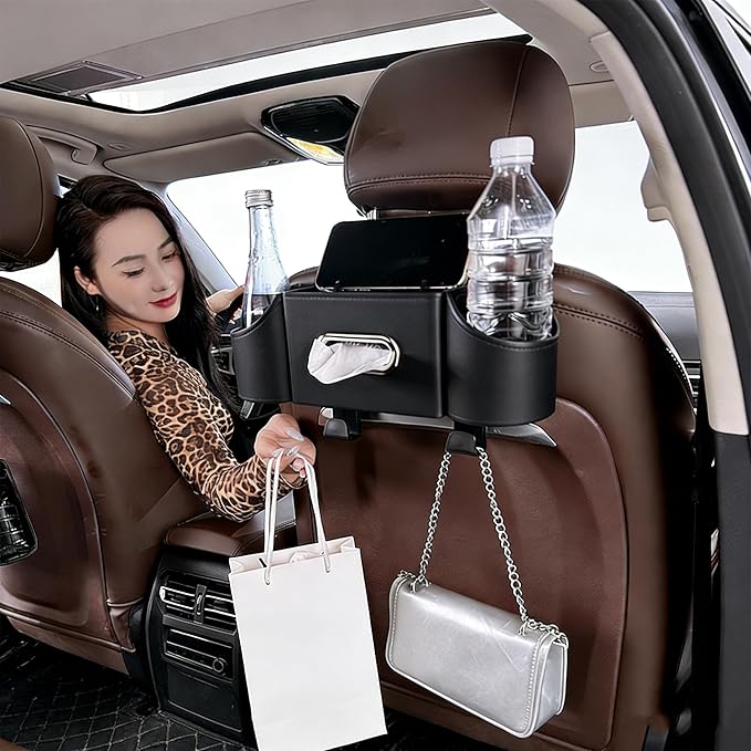 4-in-1 Back Seat Car Organizer – Premium Nappa Leather Storage Caddy with Cup Holder, Tissue Dispenser & Phone Pocket for Kids & Travel | Universal Fit for SUVs, Vans & Cars (Black)