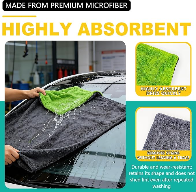 Car Microfiber Towel for Cars, 48”x24”, 1400GSM Super Absorbent, Drying Towels for SUV, Scratch-Free, Machine Washable (Darkgray-GreenYellow)