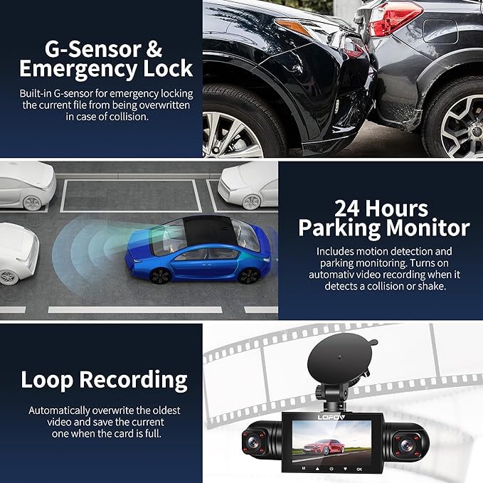 360° 4 Channel Dash Cam Front and Rear Inside Left Right, LOFOV Dash Camera for Cars FHD 4 * 1080P, Free 64GB Card Black Box Trafflc Recorder, G-Sensor, Night Vision,24H Parking Mode