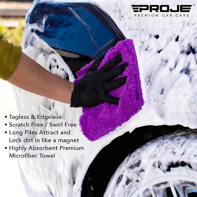 PROJE' PurplePRO - Purple Microfiber Drying Towel for Cars - Ultra Absorbent Cleaning Cloth - Auto Exterior & Interior Detailing Towel - 500 GSM 16in x 16in - (Pack of 6)