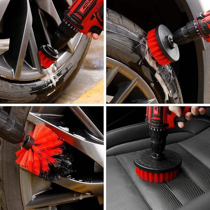 Amiss 18 PCS Car Cleaning Tools Kit, Car Detailing Brush Set with Driller Attachment Set, Car Wash Kit, Car Cleaning Brushes for Cleaning Interior, Exterior, Wheels, Etc. (Red)