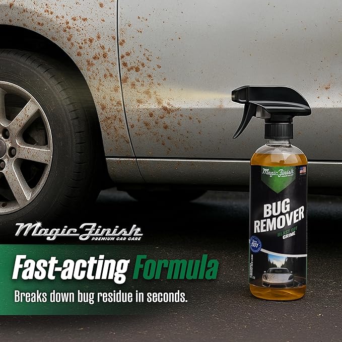 Magic Finish Car Bug Remover Spray (16 fl oz) – Fast-Acting Spray for Road Grime and Organic Residue – Car Cleaning Supplies for Paint, Glass, Plastic & Chrome