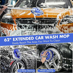 62'' Car Wash Brush with Long Handle, Scratch-Free Car Wash Mop Kit with Car Wash Bucket, Wheel Tire Brush, Wash Mitt Towel, Windshield Squeegee, Car Cleaning Brush Kit for Cars RV Truck Boat
