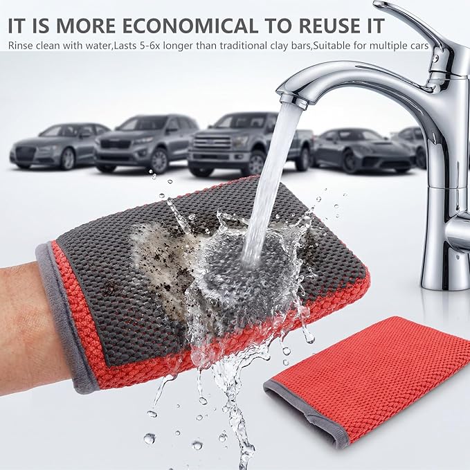 2 Pack Clay Mitt for Car Detailing - Clay Bar Glove Removes Grime, Iron Fallout & Contaminants from Paint, Glass, Wheels - Reusable Auto Detailing Mitt