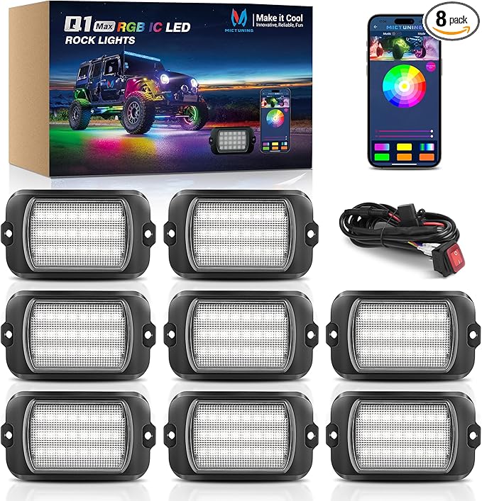 MICTUNING Q1+ MAX 8 Pods Ultra-Bright RGB Rock Lights, Multi-Color Chasing Underglow Lighting, Extensible to 24 Pods, APP Music Sync & DIY Effects, IP68 Waterproof