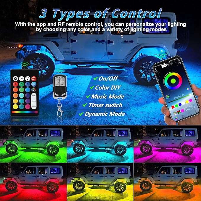 16Pods Segmented RGB LED Rock Lights Kit with APP/RF Remote Control, Upgraded Multicolor RGB Underglow Lights Brake Light for Jeep Golf Cart Trucks Pickup Neon Waterproof 12V Underbody Fender Light