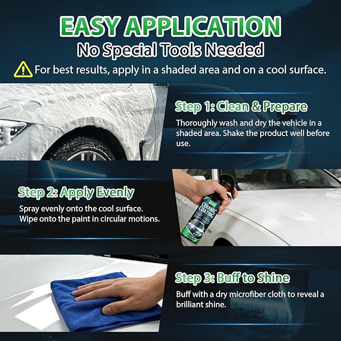 Ceramic Spray Coating for Cars – Hydrophobic Self Cleaning Formula, Easy Wipe-On Application, Nano Paint Protection & Detailing Shine with Ultra Gloss – 200ml (6.8oz)