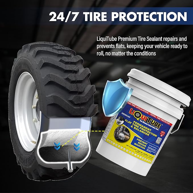 Premium Heavy Duty Tire Sealant - Permanent Flat Tire Protection for Industrial and Off Road Tires - Maintain Air Pressure, Balance - Seal Punctures, Bead, Rim, Tire Weathering Leaks (5 Gal)