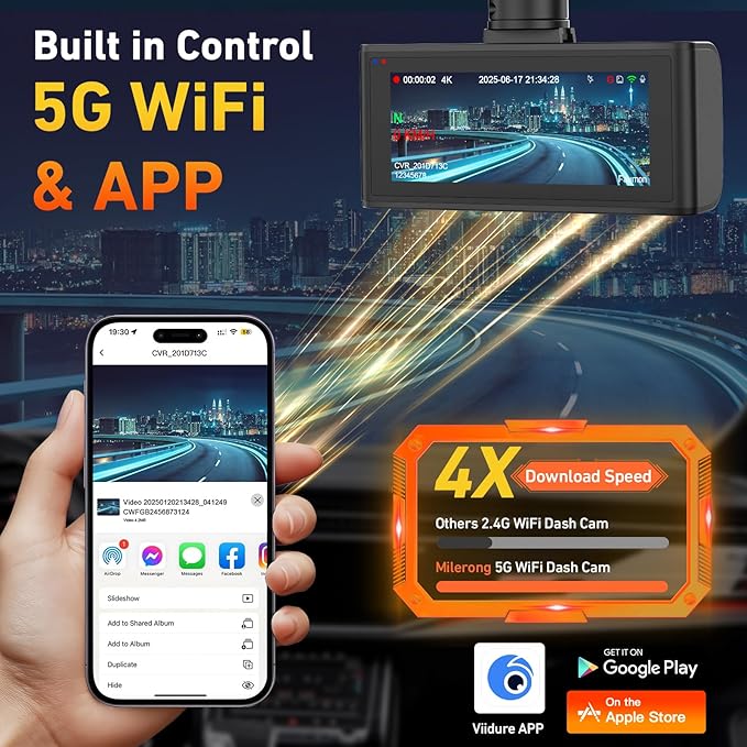 4K Dash Cam Front and Rear, 4K+1080P Dashcam, Dash Camera for Cars with 5GHz WiFi & App Control, GPS, 64GB Card, 24H Parking Monitor, Night Vision, G-Sensor, Loop Recording Dual Car Camera