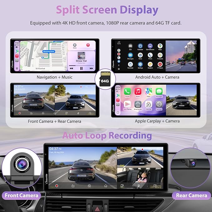 CARPURIDE W903S3 9.3 Inch HD Wireless Carplay & Android Auto Screen, 4K Front + Wired 1080P Rear + Infrared Camera, with Loop Recording, Bluetooth, Voice Control, GPS, FM, Super Link, 64GB TF