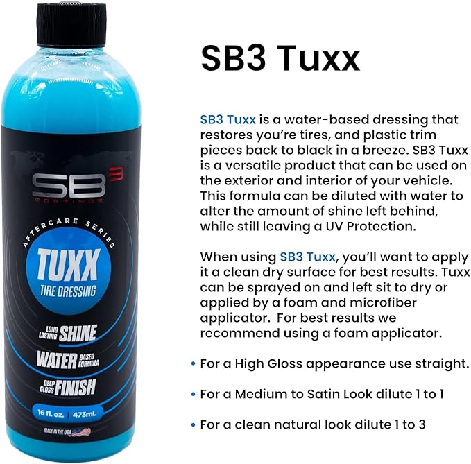 SB3 Tuxx Water-Based Tire and Trim Car Tire Dressing - Adjustable Shine with UV Protection - Versatile for Interior and Exterior Use (16oz)