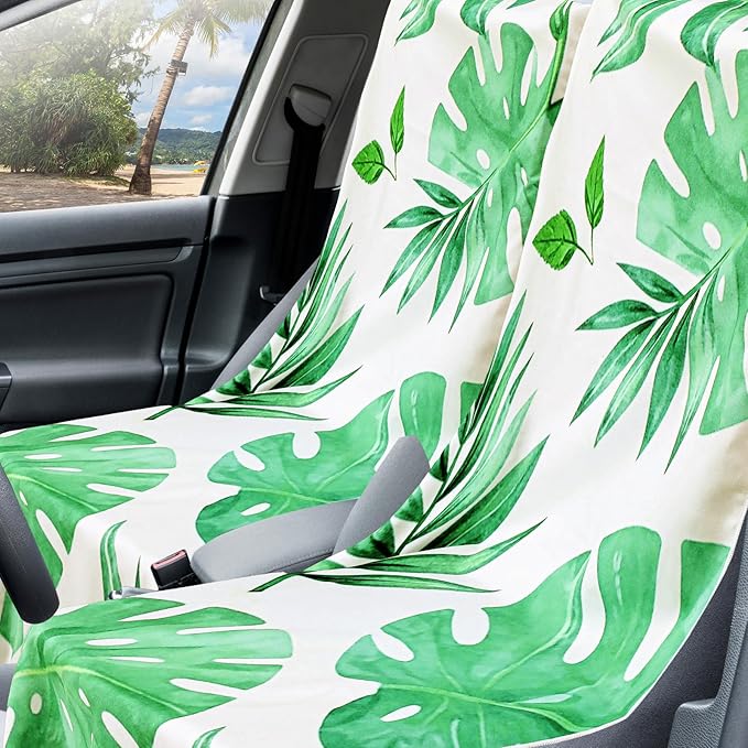 Hahafelt 2 Pack Car Seat Towel Covers with Storage Bag, 63 x 32 Inch Universal Non Slip Waterproof Sweat Protector for Car Truck, Gym Swimming Running, Machine Washable (Monstera Lime)