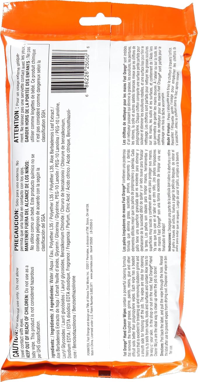 Permatex 25050 Fast Orange Wipe - 25 Count, (Pack of 8)