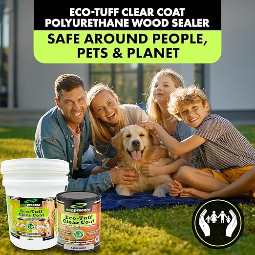 Eco-Tuff Finish Polyurethane Clear Coat — UV Resistant & Non-Toxic Wood Sealer — Clear Protective Water Based Sealant for Concrete Surface, Wood Floor, Cabinet, Countertop,Furniture — 1 Gallon — Satin
