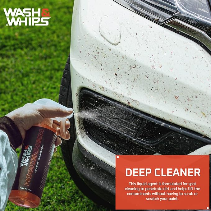 WASH&WHIPS Hockenheim Bug & Insect Remover - Professional Strength, Non-Scratching - Car Detailing, RVs, Boats - 16 fl oz (w/Microfiber Towel)