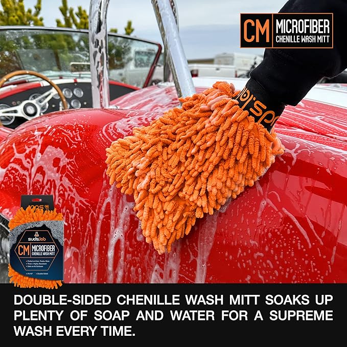 Suds Lab CM Chenille Microfiber Wash MItt - Double Sided Car Wash Mitt - Scratch Free On All Vehicle Surfaces - 8" x 10"