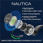 Nautica Turan QMAG Cord - Wireless Magnetic Car Charger 15W with Built-in Retractable USB-C Cable, Universal Fast Charging Phone Mount, Dashboard & Vent Mount for iPhone 17, Galaxy S25, Pixel 10
