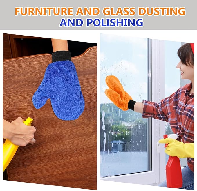 Teenyyou 6 Pcs Microfiber Dusting Mitt Car Wash Mitts Cleaning Glove with Thumb Reusable Terry Dusting Gloves with Elastic Wrist Cuff for Car Wheel Plants House Kitchen(Bright Color,9.84 x 7.87 Inch)