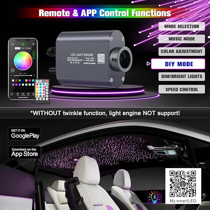 16W Starlight Headliner Kit, Star Lights for Car Roof&Home Decoration, Fiber Cable 450pcs of(0.03+0.04+0.06in)*9.8ft RGBW Star Light Headliner with Bluetooth APP/Remote/Music Mode