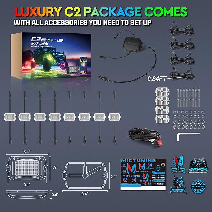MICTUNING C2 MAX RGB+IC Rock Light with White Housing - 8 Pods Chasing Color Underglow Lights Kit, Dynamic Lighting Modes, APP Control, IP68 Waterproof, DIY Effect, Up to 24pods Extensible
