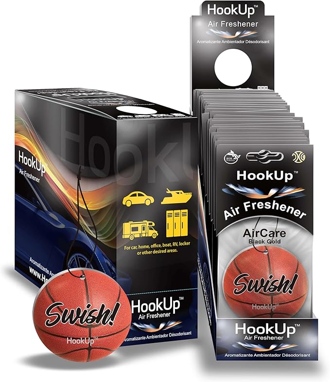 Basketball Car Air Freshener by HookUp - 25 Pack - Black Gold Scent (Extra Strong) | Unique Basketball Gift for Players, Coach, Fans | Hanging Car Accessory with Long Lasting Fresheners Smell