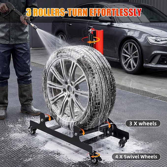 Rolling Wheel Detailing Stand with 4 Casters, Car Wheel Cleaning Stand, Heavy-Duty Tire Cleaning Stand 3-Way Rotating Rollers for Ceramic Coating Tire Shine