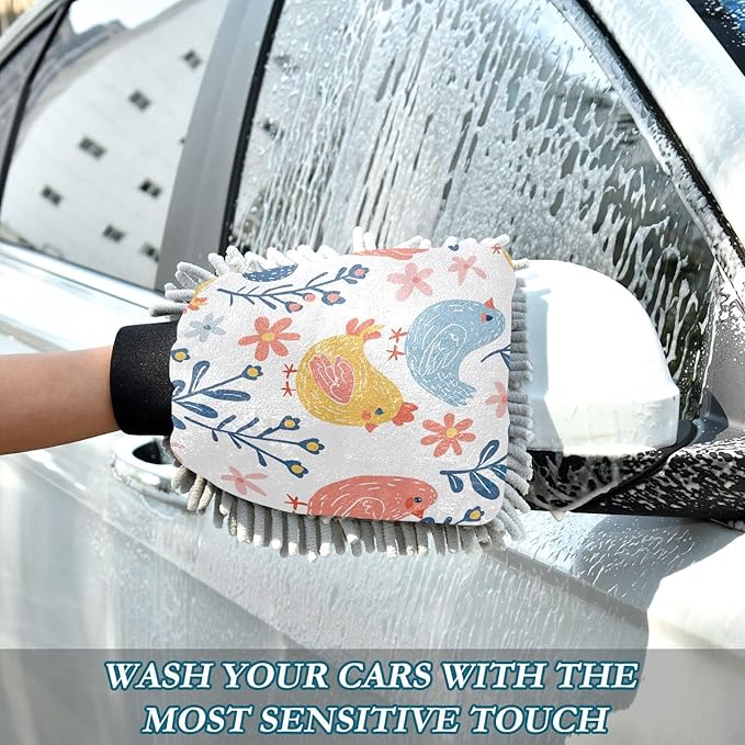 YETTASBIN Chicken 2PCS Car Wash Mitts, Ultra Absorbent Chenille Microfiber Car Washing Gloves, Scratch-Free Lint-Free Auto Cleaning Mitt, Machine Washable Elastic Cuff Car Wash Sponge