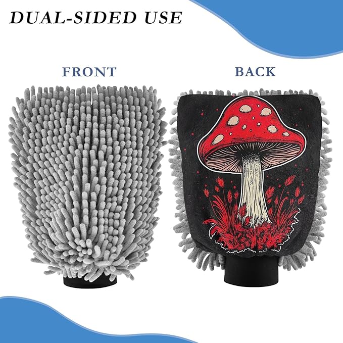 YETTASBIN Mushroom 2PCS Car Wash Mitts, Ultra Absorbent Chenille Microfiber Car Washing Gloves, Scratch-Free Lint-Free Auto Cleaning Mitt, Machine Washable Elastic Cuff Car Wash Sponge