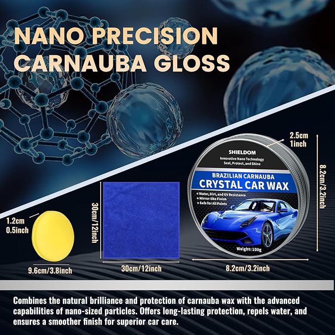 SHIELDOM Car Wax Polish Ceramic Coating Carnauba Wax Extra Gloss Paint Sealant Polishing Long Lasting Shine Hydrophobic for Cars, Trucks, SUVs, RVs with Microfiber Towel & Applicator Pad - 3.5oz/100g