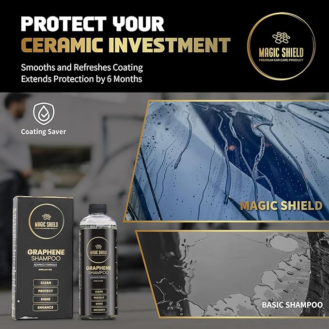 Magic Shield Graphene Shampoo – pH Neutral Car Wash | Advanced Hydrophobic & SiO2 Protection | Deep Cleans & Enhances Shine | Safe for Ceramic Coatings & All Paint Types – 16oz