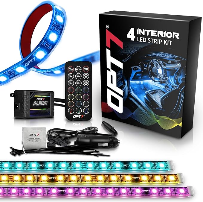 OPT7 Aura Interior Car Lights with Remote Control, 12V Music Sync Inside Ambient Lighting Kit, RGB Multicolor Under Dash Accessories, Neon Decoration Gifts, 4pc Single LED Strip