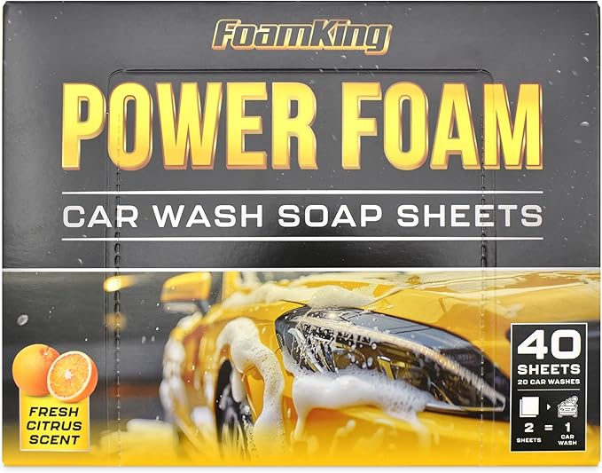 Foam King Car Wash Soap Strip (40ct = 20 Car Washes) - Concentrated Car Cleaning Soap Sheet, No Plastic Bottle - For Foam Cannons Guns, Bucket Wash. Safe for Cars, Trucks, Motorbikes - Citrus Scent