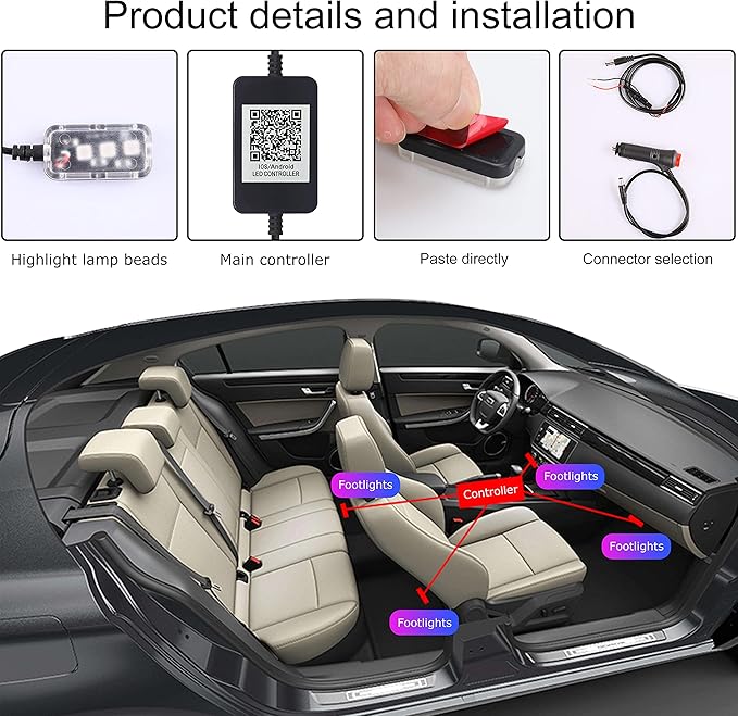 Car Interior Ambient Lighting RGB 64 Colors Multicoloured Music Car Footwell Lighting Kit with Cigarette Lighter and App Microphone, 12V-24V 1W