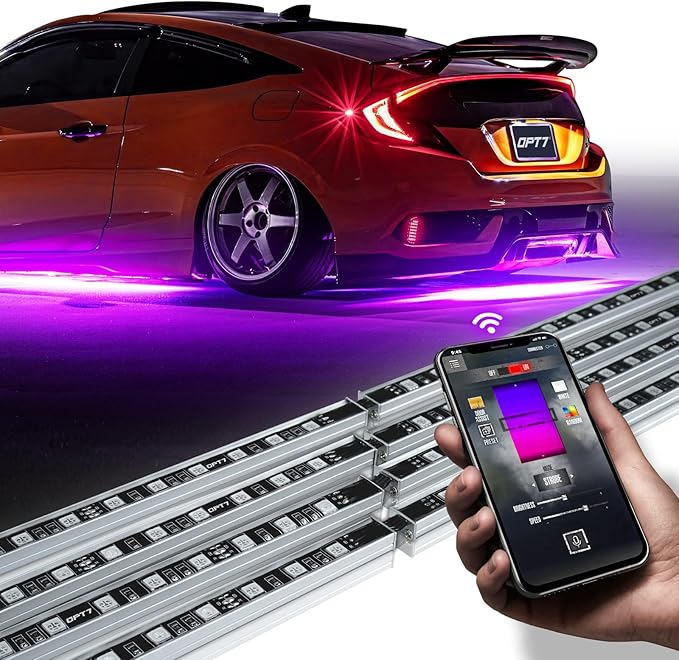 OPT7 Aura Pro Underglow LED Lights Kit for Cars with APP & Remote Control, RGB Multicolor Modes, Music Sync, Waterproof Rigid Aluminum Light Bar, Exterior Neon Accent Underbody Lighting, Car Gifts
