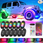 12 Pods RGB+IC LED Rock Lights for Trucks Golf Cart ATV UTV SUV Offroad, Smart Sync Music Chasing Rock Lights with APP/RF Control, Waterproof Dream Color Car Underglow Kit Vehicle Underbody Light
