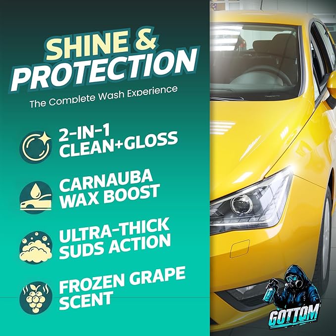 Gottom Car Wash Soap & Wax, (128 oz), Frozen Grape Scent - Ultra Foaming Car Shampoo for Foam Cannon & Bucket Wash, Carnauba Wax Formula for a Glossy Finish, High Suds & Safe for Paint