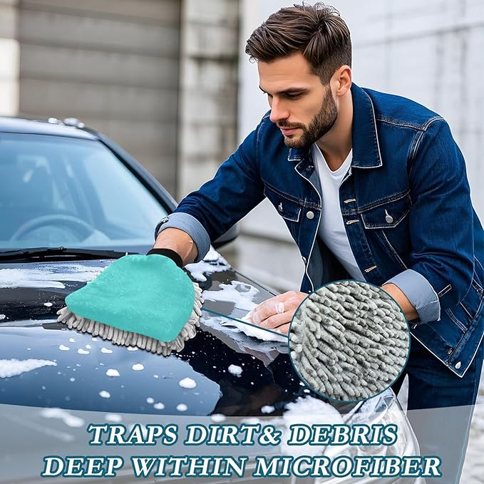 2 Pack Premium Microfiber Chenille Car Washing Mitt, Dual Sided Wash Gloves, No Scratch, Lint Free Washing and Detailing for Car Washing and Detailing (Teal Colored)