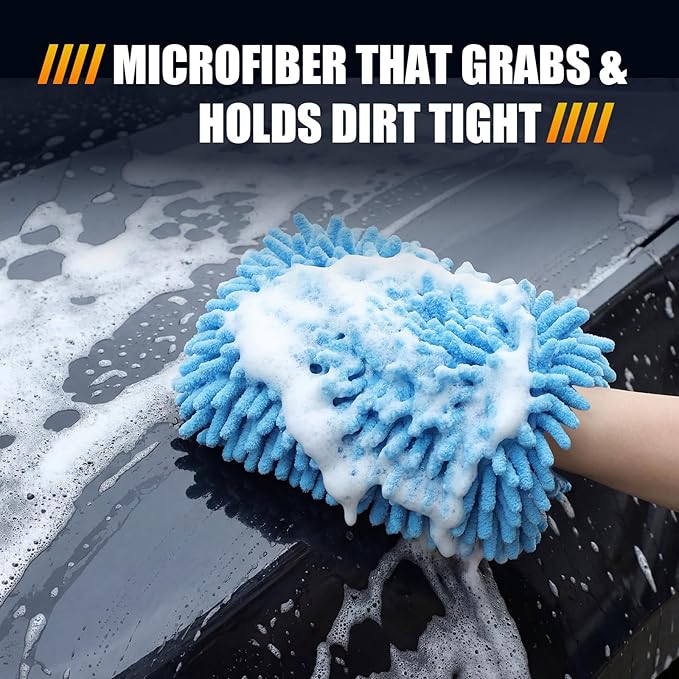 3 Pack Chenille Premium Scratch-Free Microfiber Wash Mitt Car Wash Sponges, Non-Scratch Car Cleaning Sponge Mitts, Ultra-Soft Glove, Swirl-Free Finish, Safe for Trucks, Suvs (Light Blue)