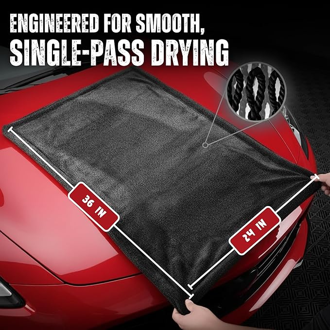RAPIDWIPE 24" x 36" Ultra Drying Towel 1300 GSM Twisted Loop Microfiber, Super Absorbent, No Streaks or Lint, Double Sided – Reusable Car Wash Towel, Auto Detailing Cloth,