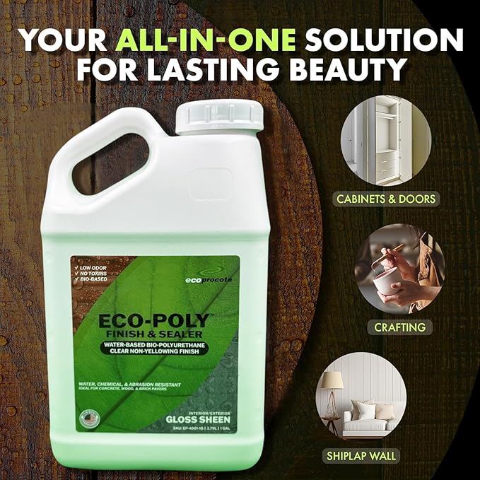 Eco-Poly Polyurethane Sealer — Non-Toxic, Low Odor, Quick-Dry Water Based Protective Spar Varnish for Indoor & Outdoor, Clear Gloss 1 Gallon Polyurethane Sealant for Wood, Concrete, Multiple Surfaces